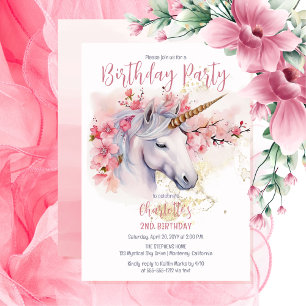 Invitation Mystical Unicorn Floral Girl 2e fête d'anniversair