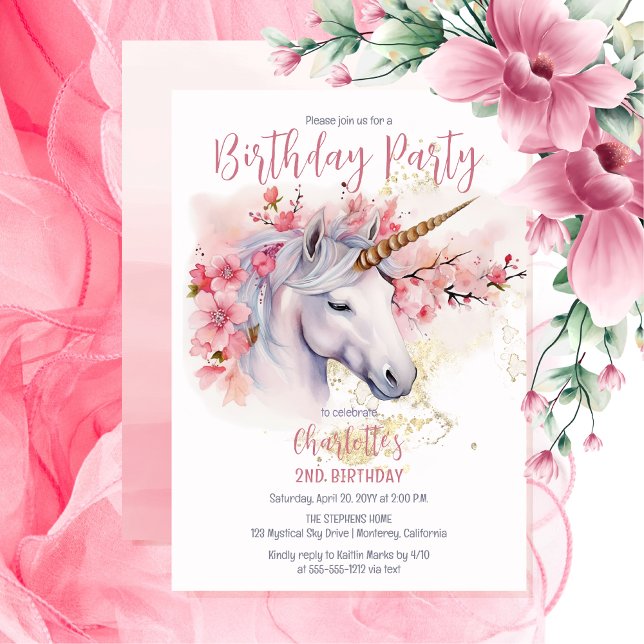 Invitation Mystical Unicorn Floral Girl 2e fête d'anniversair (Unicorn Mythical Creature and Pink Cherry Blossom Floral 2nd Birthday Party Invitation)