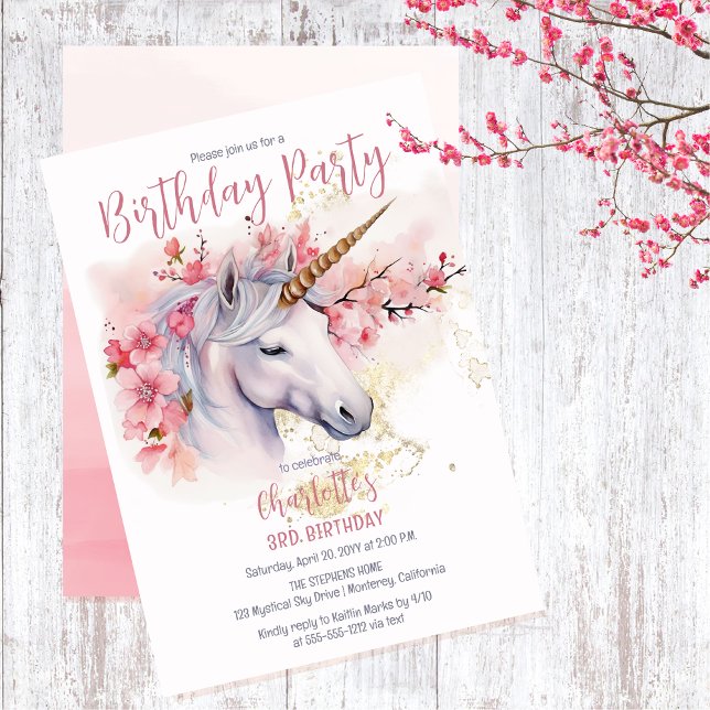Invitation Mystical Unicorn Floral Girl 3e fête d'anniversair (Unicorn Mythical Creature and Pink Cherry Blossom Floral 3rd Birthday Party Invitation)