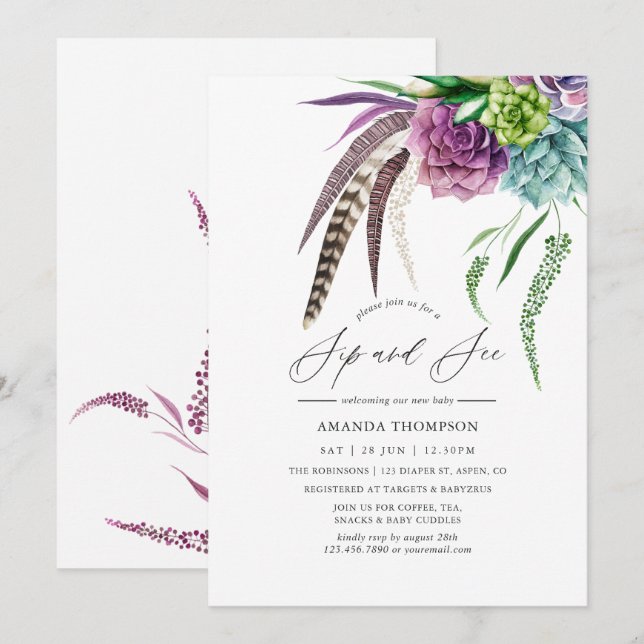 Invitation Mystique Bohème Aquarelle Succulente Boire et Voir (Devant / Derrière)