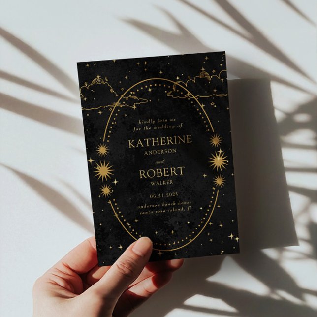 Invitation Mystique céleste de lune d'or étoiles Mariage noir (Créateur téléchargé)