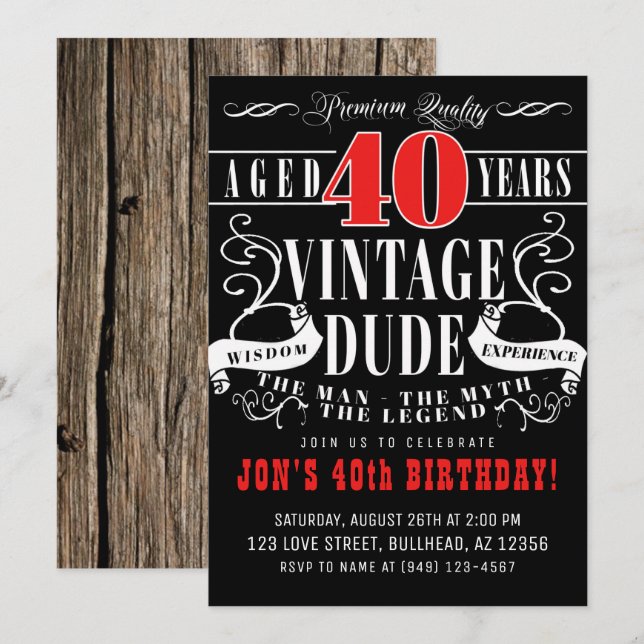 Invitation Mythe de l'homme vintage Légende 40e anniversaire  (Devant / Derrière)