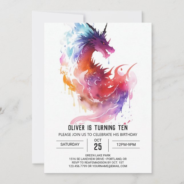 Invitation Mythique Aquarelle Enfants Dragon Anniversaire (Devant)