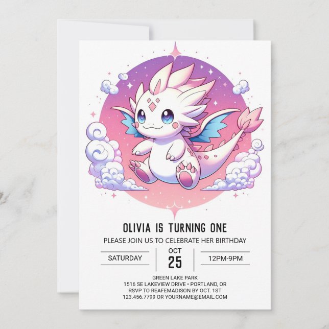 Invitation Mythique Pastel Dragon 1er Anniversaire (Devant)