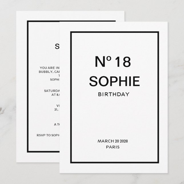 Invitation N° 18 French Chic Fête d'anniversaire 18 ans (Devant / Derrière)