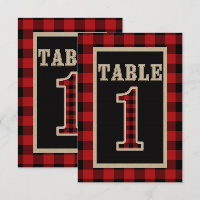 Invitation N° 1 de table rustique à carreaux rouges et noirs  (Devant / Derrière)