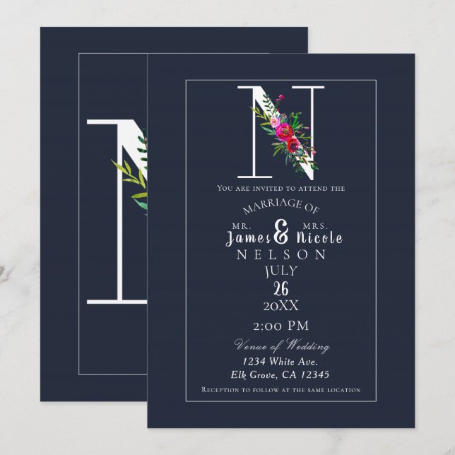 Invitation N Monogramme Dernière Initiale Moderne Bleu Floral (Devant / Derrière)