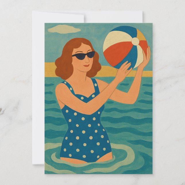 Invitation Nageur vintage avec ballon de plage (Devant)