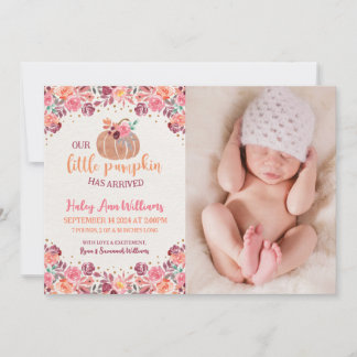 Invitation Naissance Citrouille Fleurie Aquarelle Rose & Oran