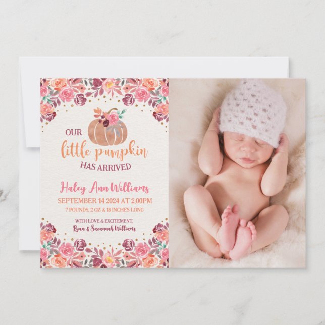 Invitation Naissance Citrouille Fleurie Aquarelle Rose & Oran (Devant)