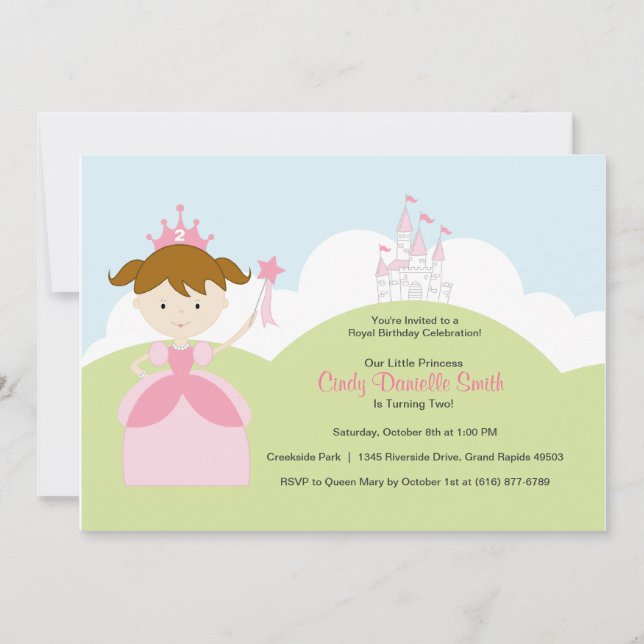 Invitation Naissance de la princesse des cheveux Brown à rose (Devant)