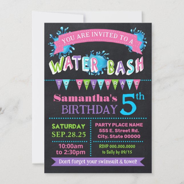 Invitation Naissance d'eau Bash Summer Party Chalkboard rose (Devant)