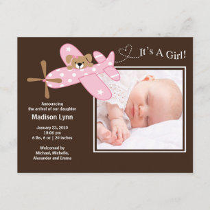Invitation Naissance rose Annoucement de bébé d'avion