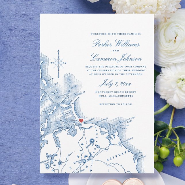Invitation Nantasket Beach Resort Map Elégant Mariage de la M (Nantasket Beach Resort Hull MA Wedding Invitation with elegant navy blue South Shore map)