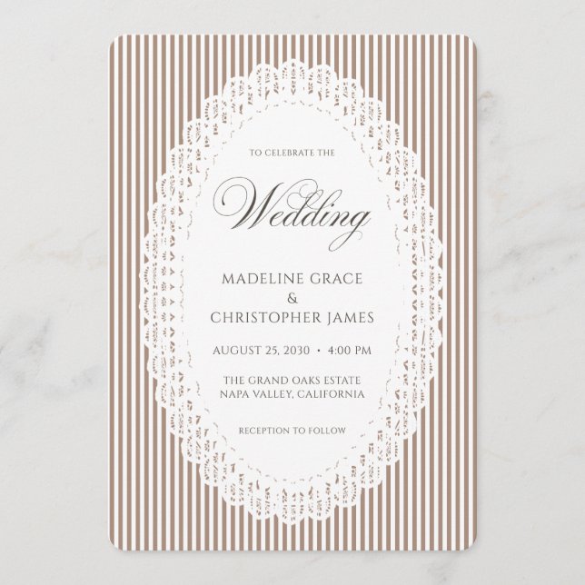 Invitation Nappe de mariage en dentelle à rayures marron et m (Devant)