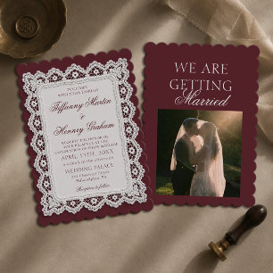 Invitation Nappe dentelle argent ancien Photo de mariage bord