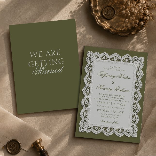 Invitation Nappe en dentelle d'argent vert olive Mariage (Créateur téléchargé)