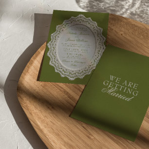 Invitation Nappe en dentelle vert olive vintage mariage Old M