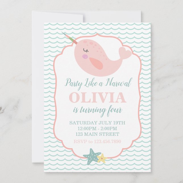 Invitation Narwal rose pastel pour anniversaire (Devant)
