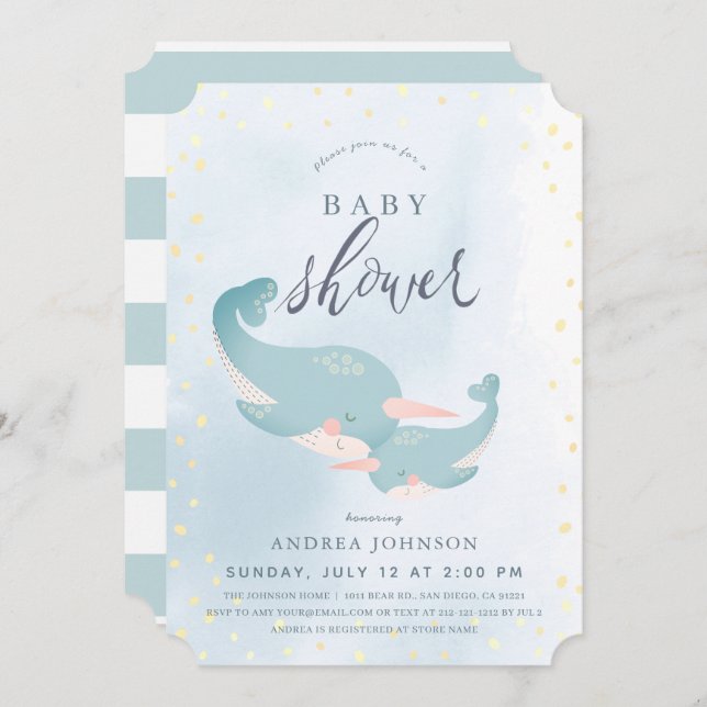 Invitation Narwhal Aquarelle Baby shower Garçon bleu (Devant / Derrière)
