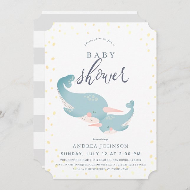 Invitation Narwhal Baby shower gris aquarelle (Devant / Derrière)