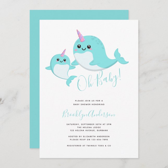 Invitation Narwhal Oh Baby Sexe Baby shower neutre (Devant / Derrière)