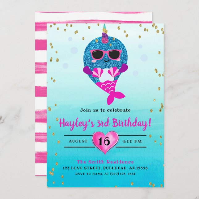 Invitation Narwhal Sirène filles Parties scintillant aquarell (Devant / Derrière)