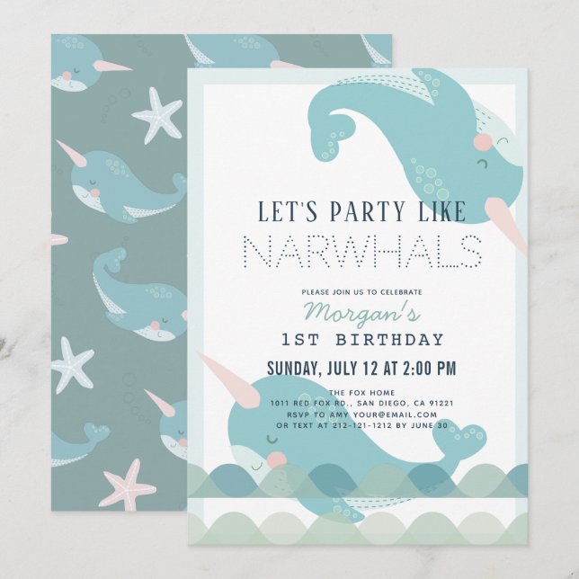 Invitation Narwhal Waves Sea Blue Boy 1er anniversaire Invita (Devant / Derrière)