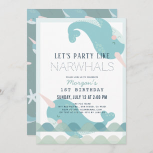 Invitation Narwhal Waves Sea Blue Boy 1er anniversaire Invita