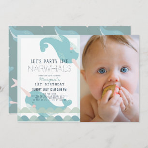 Invitation Narwhal Waves Sea Blue Boy 1er Birthday Photo