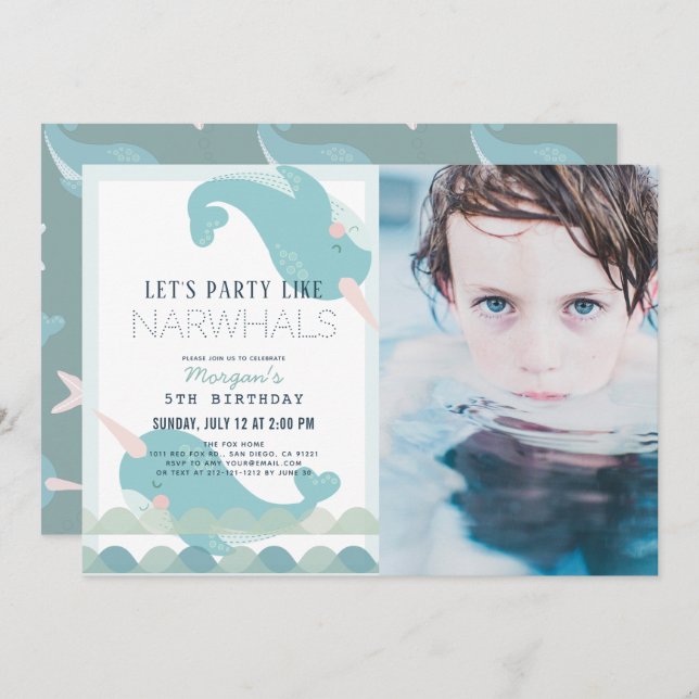 Invitation Narwhal Waves Sea Blue Boy Photo (Devant / Derrière)