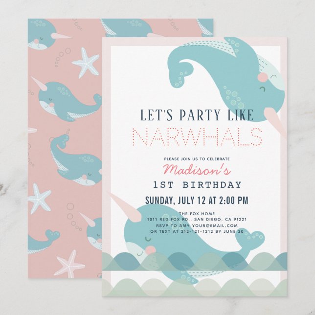 Invitation Narwhal Waves Sea Rose Girl 1er anniversaire (Devant / Derrière)