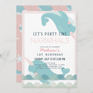 Invitation Narwhal Waves Sea Rose Girl 1er anniversaire