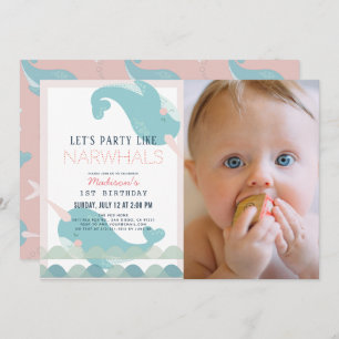 Invitation Narwhal Waves Sea Rose Girl 1er anniversaire Photo