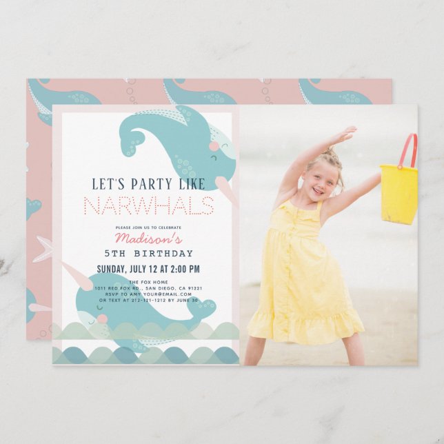 Invitation Narwhal Waves Sea Rose Girl Anniversaire Photo Inv (Devant / Derrière)