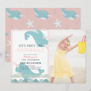 Invitation Narwhal Waves Sea Rose Girl Anniversaire Photo Inv