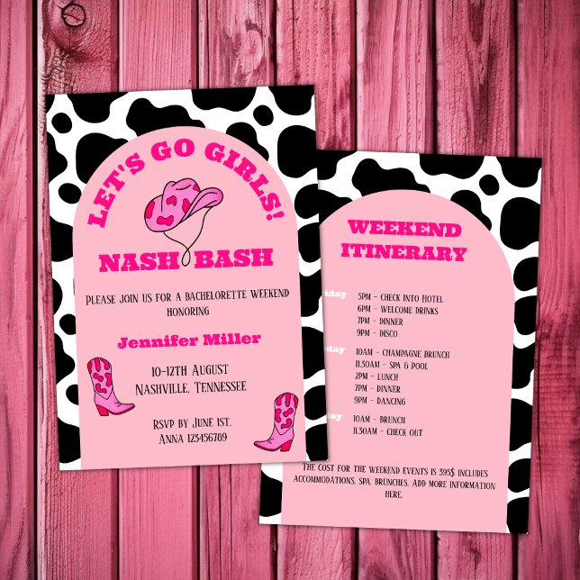Invitation Nash Bash Cowgirl Pink Bachelorette Girls Week-end (nash bash nashville bachelorette girls weekend cowgirl pink cowgirl boots and hat arch cow pattern)