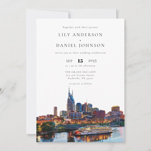 Invitation Nashville Riverfront Watercolor Elegant Wedding (Devant)
