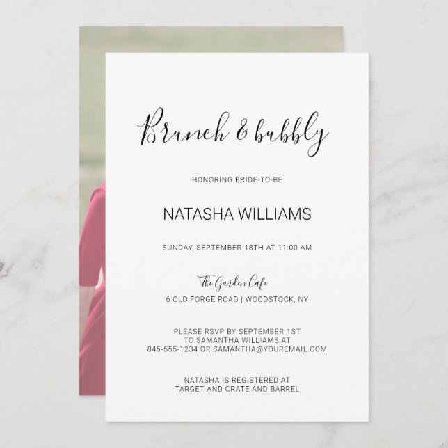 Invitation Natasha Rustic Calligraphy Photo Brunch & Bubbly (Devant / Derrière)
