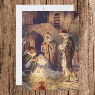 Invitation Nativité de Noël Vintage, 3 Bergers et Jésus