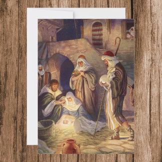 Invitation Nativité de Noël Vintage, 3 Bergers et Jésus