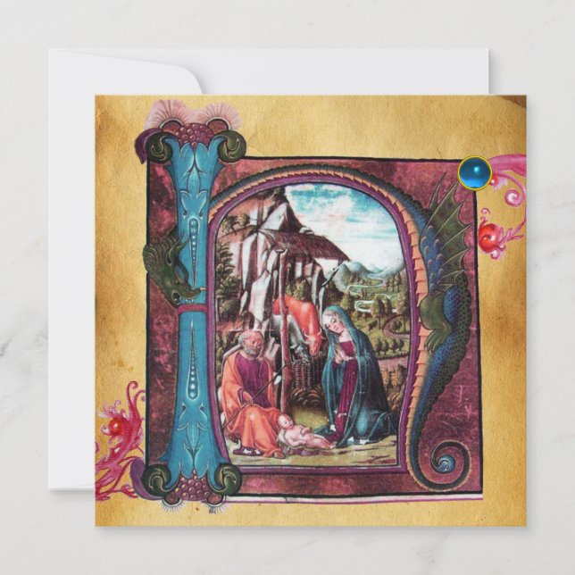 Invitation NATIVITY MONOGRAM CHRISTMAS PARCHMENT Blue Gem (Devant)