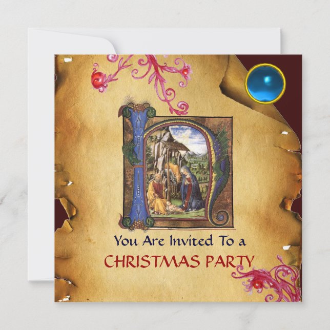 Invitation NATIVITY MONOGRAM CHRISTMAS PARCHMENT Blue Gem (Devant)