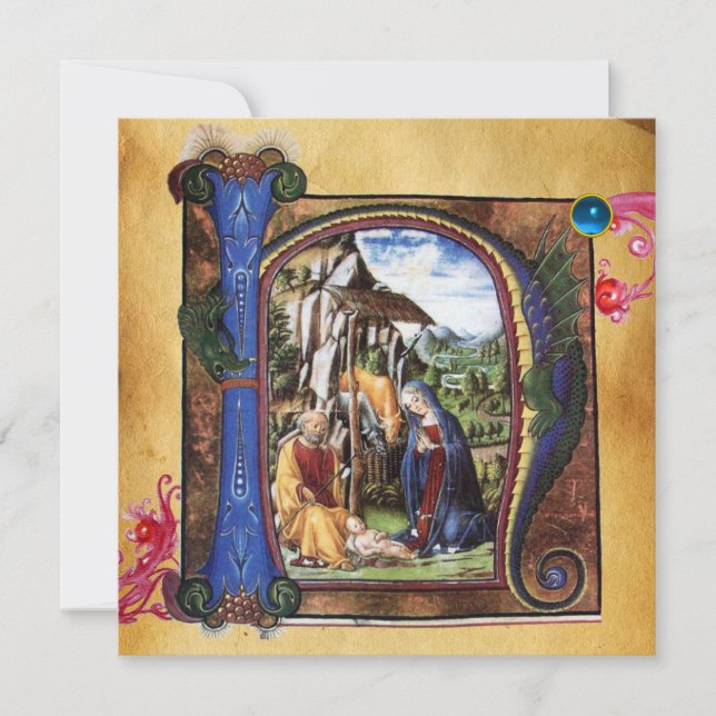 Invitation NATIVITY MONOGRAM CHRISTMAS PARCHMENT Blue Gem (Devant)