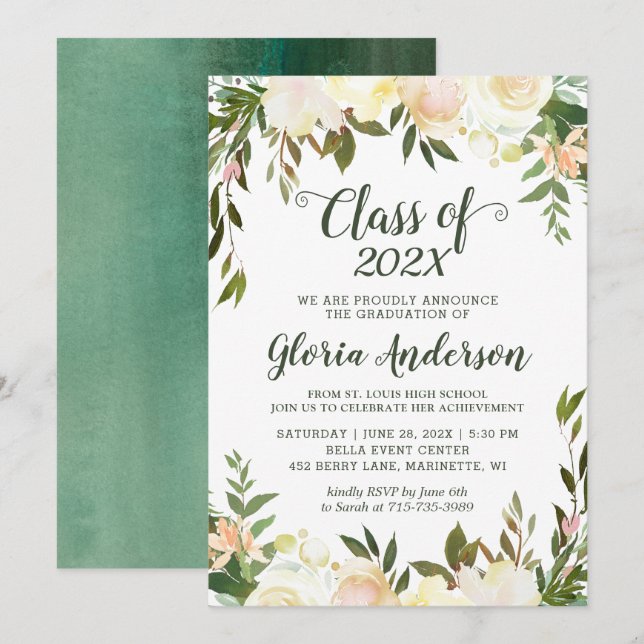 Invitation Nature Vert Floral Classe de 2022 Graduation (Devant / Derrière)