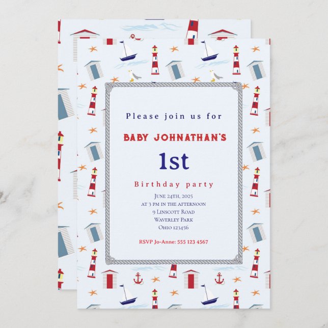 Invitation Nautical 1st Birthday Sailboat Birthday Party (Devant / Derrière)