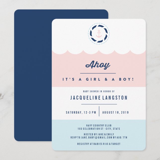 Invitation Nautical Ahoy Girl Boy Twins Baby shower Invitatio (Devant / Derrière)