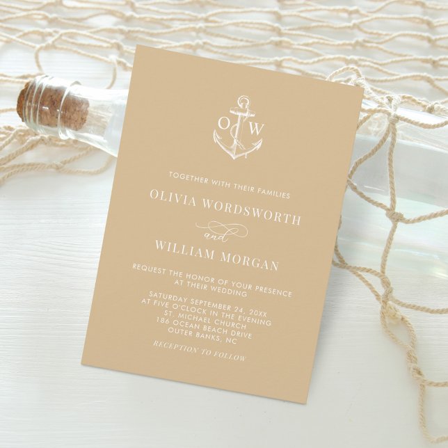 Invitation Nautical Anchor Monogram Beige Tan Wedding (Créateur téléchargé)
