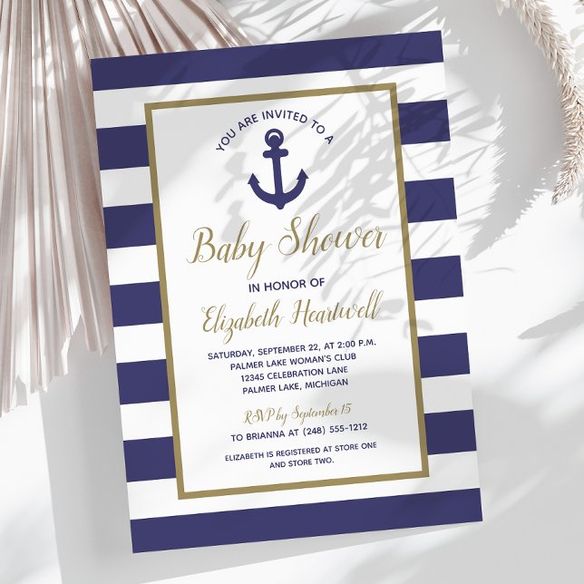 Invitation Nautical Anchor Navy Blue Striped Boy Baby Shower (Créateur téléchargé)