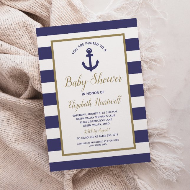 Invitation Nautical Anchor Navy Blue Stripes Boy Baby Shower (Créateur téléchargé)